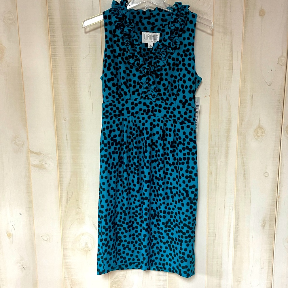 NWT Julian Taylor Turquoise Black Dotted Ruffle V Neckline Sheath Dress Sz 6